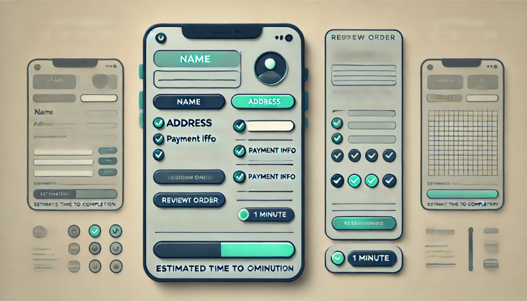 A stylized representation of a simplified checkout form. Show a rectangular form on the left with fields labeled “Name,” “Address,” “Payment Info,” and “Review Order.” On the right, depict a green checkmark for each completed field. The top includes a progress bar that starts empty and becomes fully colored as each section is completed. The text below might read “Estimated time to completion: 1 minute.” This graphic demonstrates a clear, step-by-step approach to building user confidence.