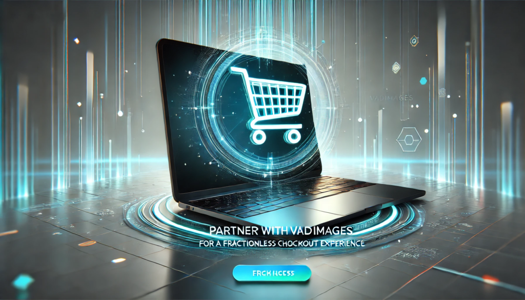 Picture a dynamic banner showcasing a stylized laptop and a shopping cart icon floating above it, with text reading “Partner with Vadimages for a frictionless checkout experience.” A small tagline below states “Your success begins when friction ends.” This advertisement visually encapsulates how Vadimages can redefine your ecommerce journey. 