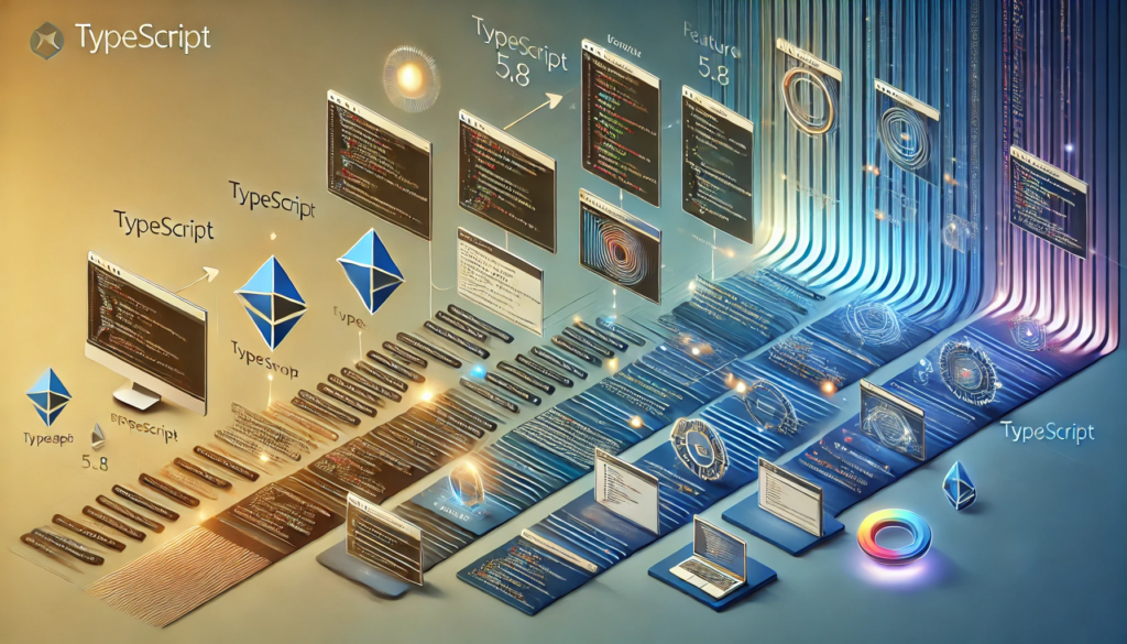 A timeline graphic highlighting TypeScript’s growth with visual cues from early code to 5.8. Ideal for the “Embracing the Essence of TypeScript 5.8” section.