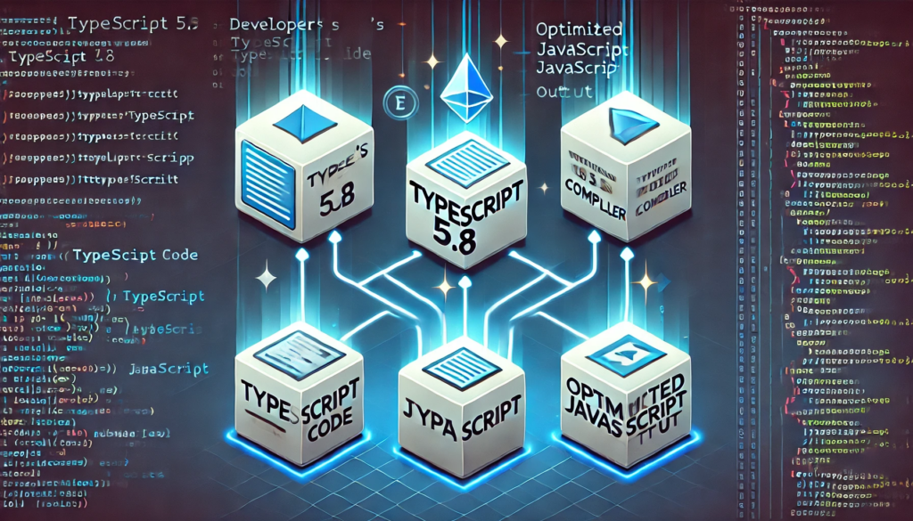  A clean, infographic-style visual of the TypeScript 5.8 pipeline – from developer code to optimized JavaScript. Perfect for the “Core Innovations for Modern Developers” section.