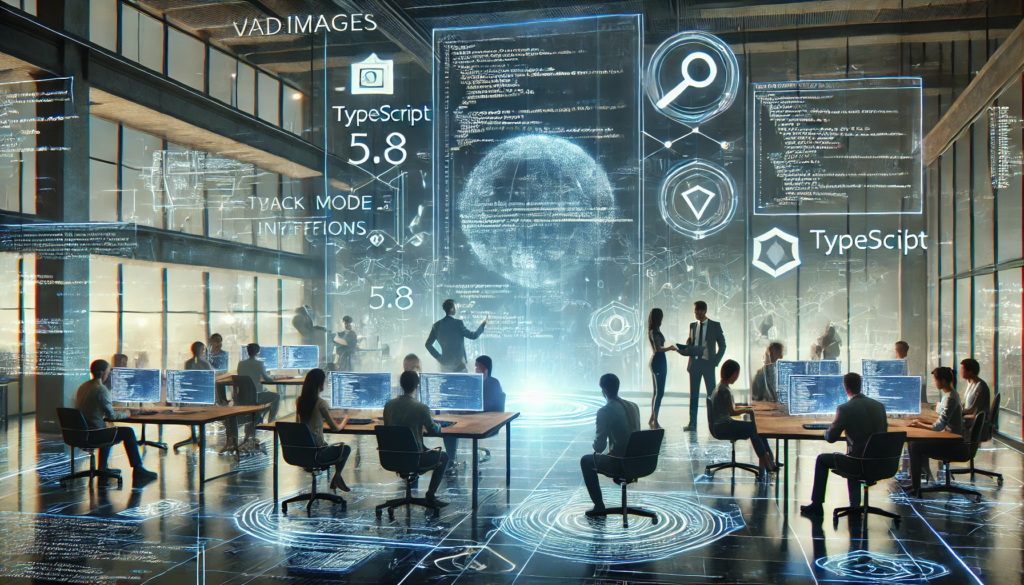 A vibrant scene showing the VadImages team collaborating in a futuristic office with holographic TypeScript 5.8 tools. Excellent for the “Why VadImages Supports TypeScript 5.8” section.