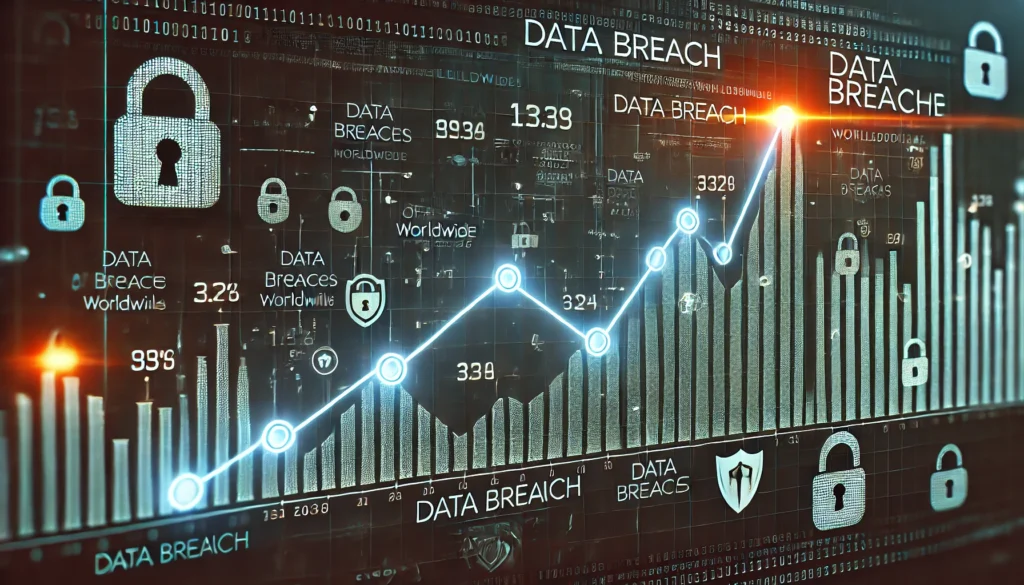 Graphic Element: A chart representing the rising number of data breaches worldwide over the past decade, with a line graph illustrating the significant upward trend and a prominent marker on the present year to highlight urgency.