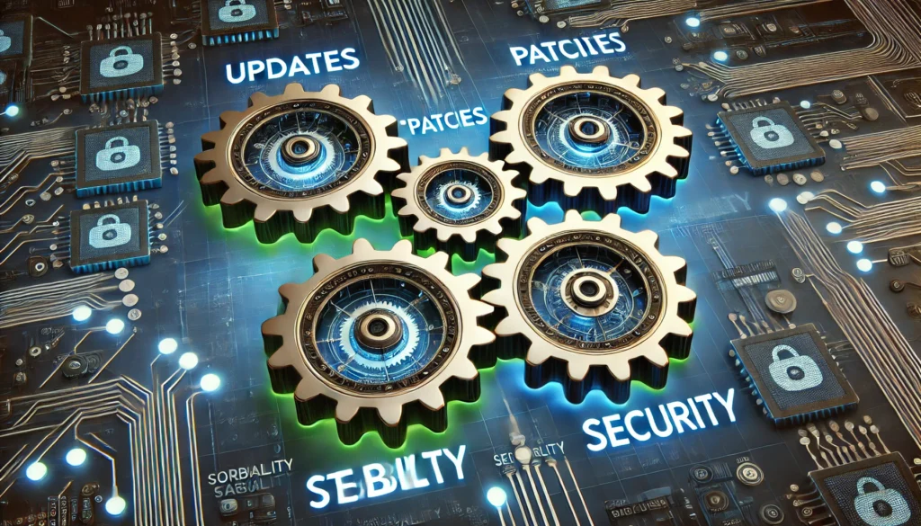 Graphic Element: An illustrated cogwheel system labeled “Updates,” “Patches,” “Stability,” and “Security,” each cog turning in unison to symbolize the importance of coordinated, timely software maintenance.