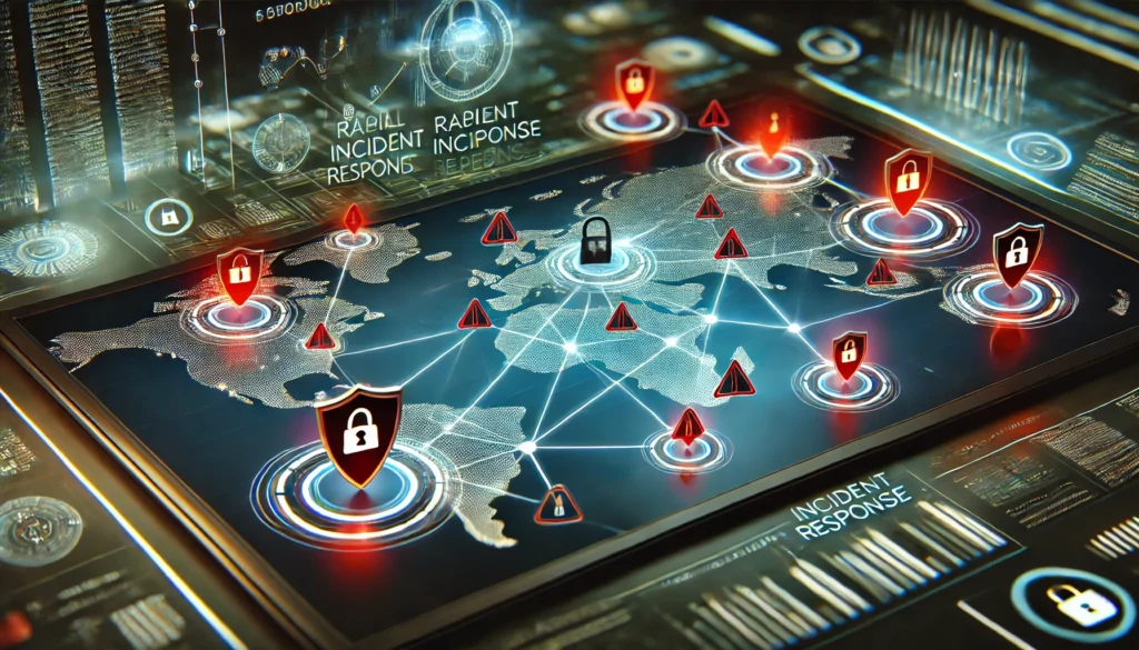 Graphic Element: A simplified network map overlaid with alert symbols, showing how monitoring can highlight hotspots of suspicious activity, coupled with a shield icon to represent rapid incident response capabilities.