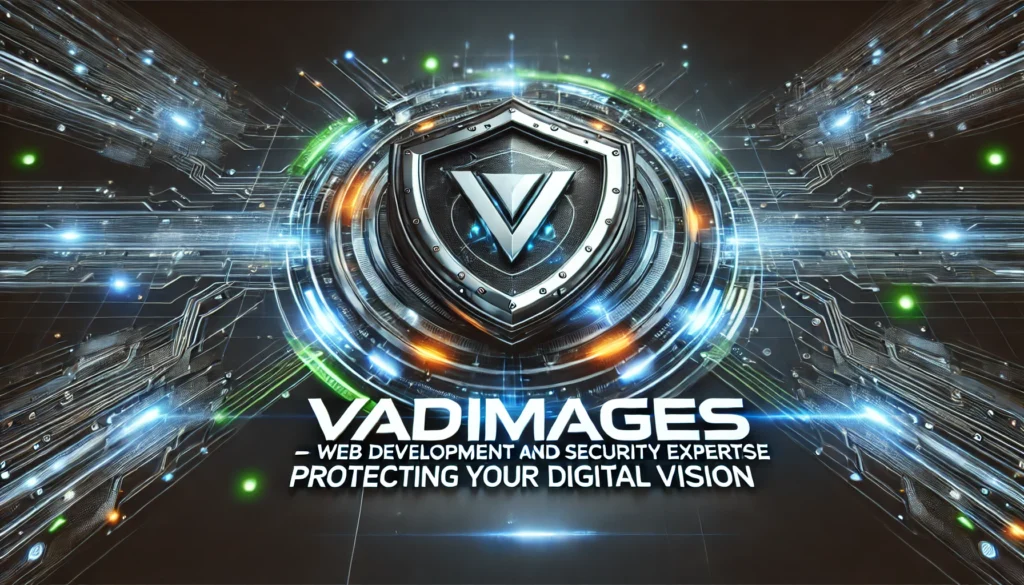 Graphic Element: A promotional banner showcasing the Vadimages logo (imagined), accompanied by a stylized shield graphic and a tagline that reads: “Vadimages – Web Development and Security Expertise, Protecting Your Digital Vision.”