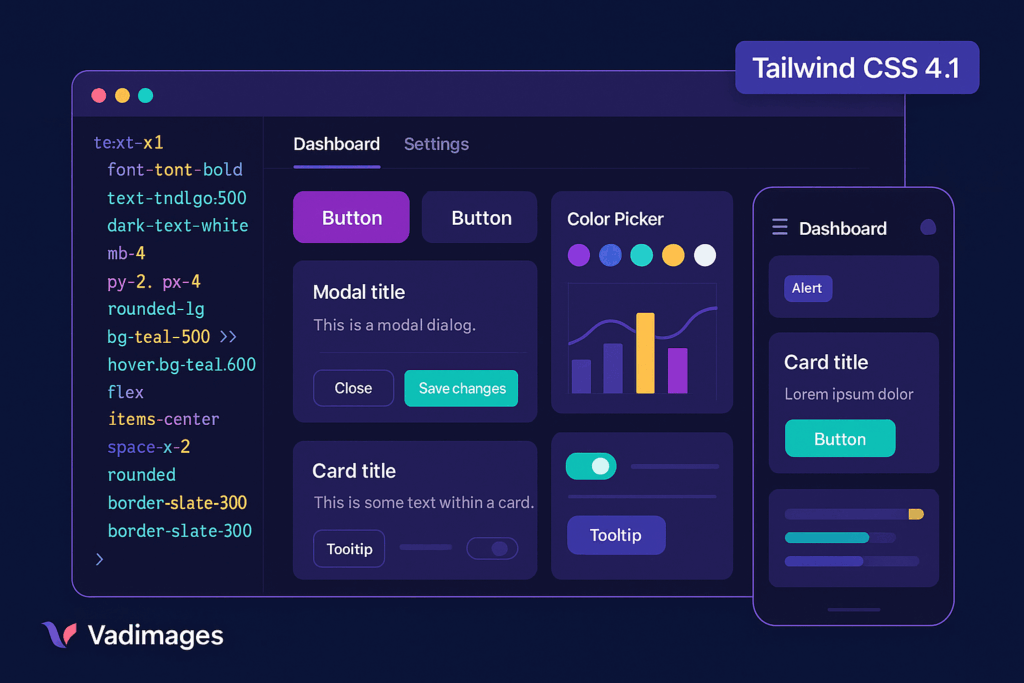 Modern dashboard interface showcasing vibrant Tailwind 4.1 utility classes in action across desktop and mobile previews, with code and design panel overlays