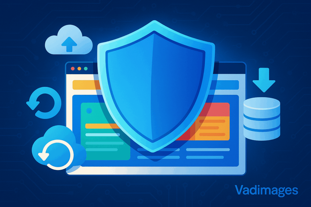 Hero image showing a digital shield protecting a vibrant website interface, with backup icons (clouds, disks, arrows) and Vadimages logo watermark.