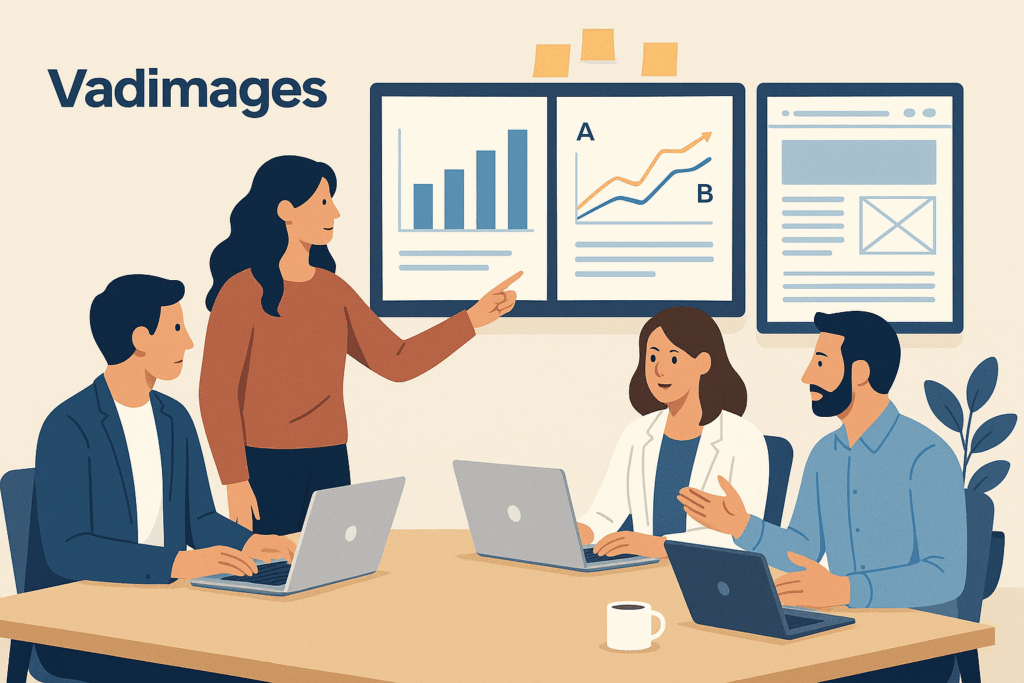 Hero-style image showing Vadimages team collaborating with clients over data dashboards, creative wireframes, and live test results