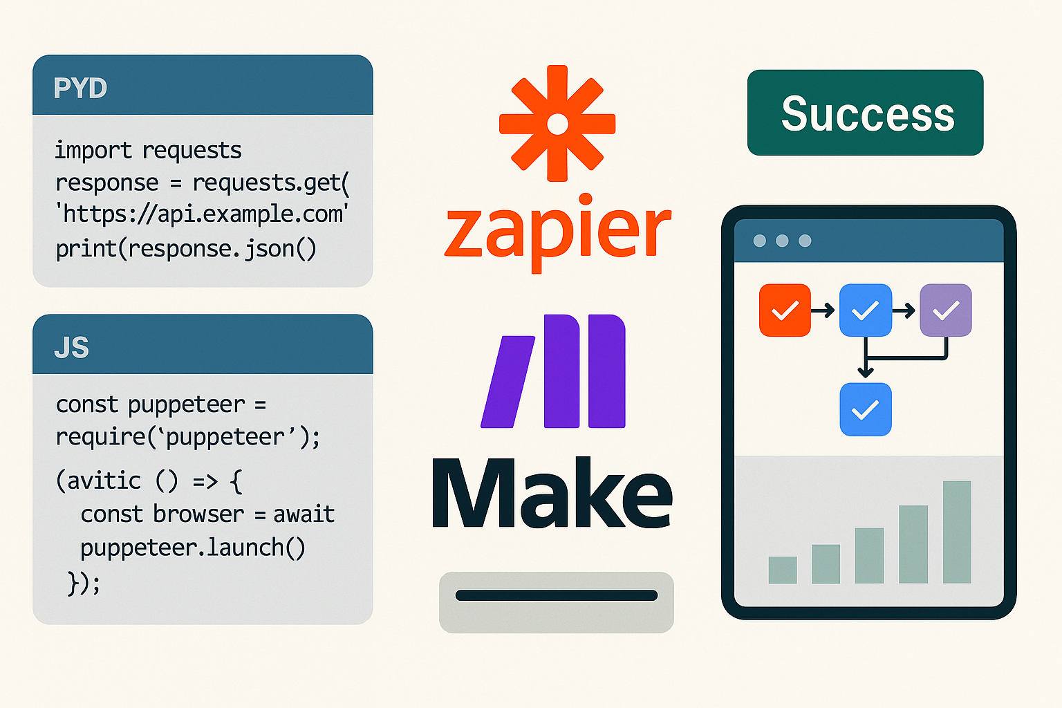 Screenshot-style collage of code snippets (Python, JavaScript) next to icons of automation platforms (Zapier, Make), and a dashboard showing successful automation runs.