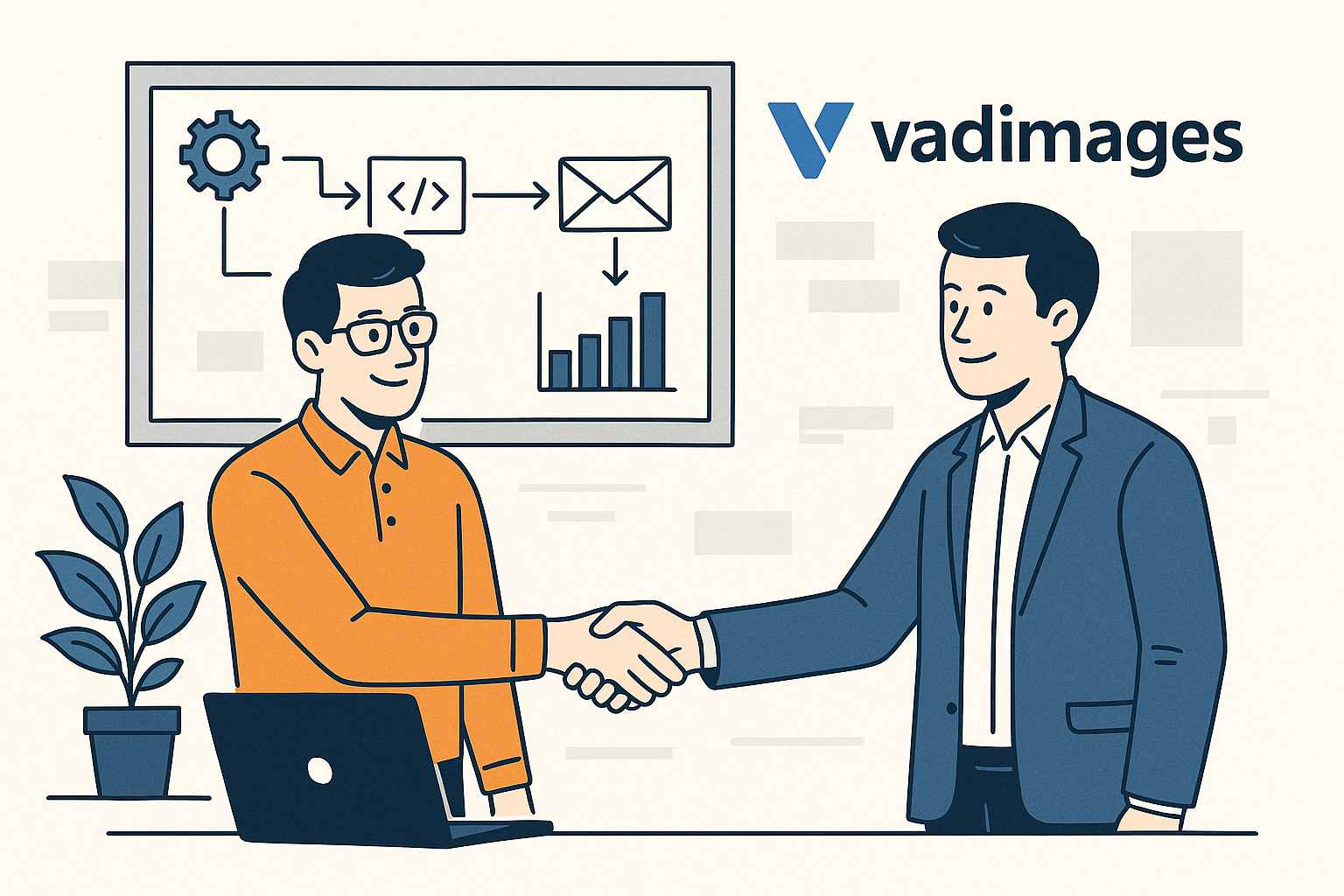 Vadimages brand illustration—engineers and clients shaking hands in front of a large screen showing automated workflows in action, with the Vadimages logo featured.