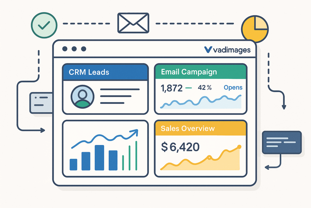 Animated-style dashboard displaying live CRM leads, automated email stats, and sales analytics, all updating in real time.