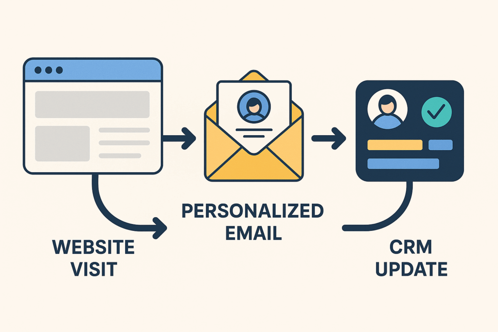 Infographic of an email campaign triggered by website action, showing user flow from web visit to personalized email to CRM update.