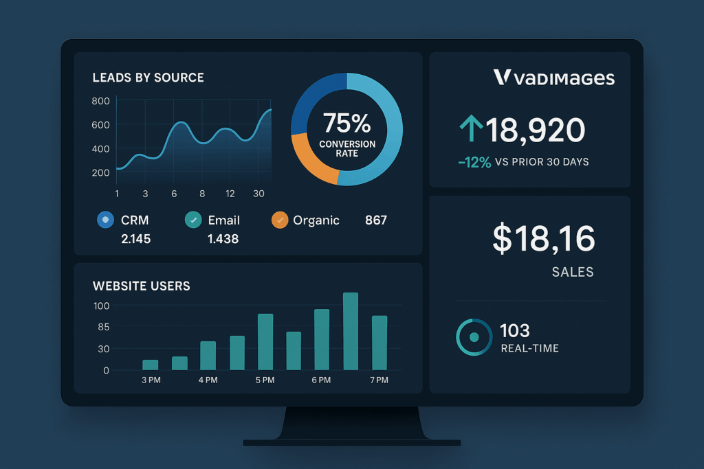 Modern analytics dashboard displaying cross-source data—leads from CRM, campaign stats, sales, and real-time website users—branded with Vadimages.