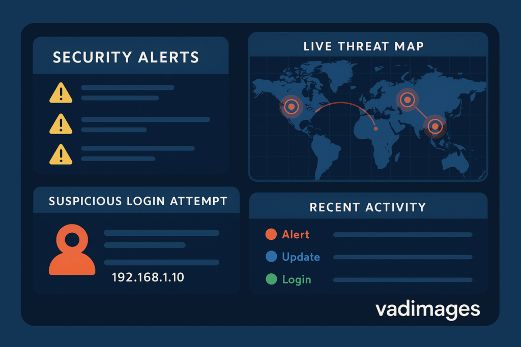 Stylized dashboard showing real-time security alerts, suspicious logins, and live threat map overlay, branded with Vadimages logo watermark.