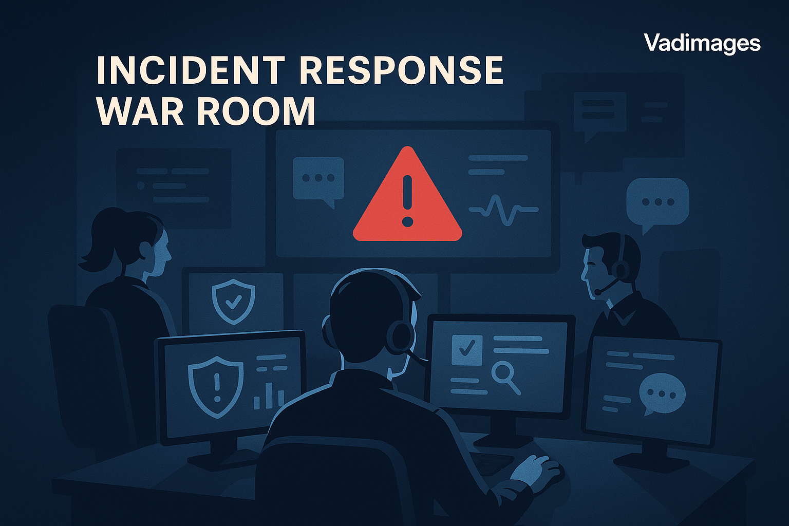Visual of Vadimages response team in action—incident response war room with monitors, digital forensics tools, and live communications channels.