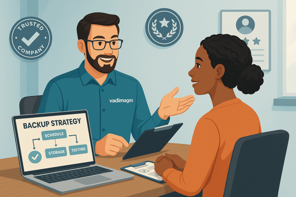Friendly Vadimages consultant meeting with a client over backup strategy plans, with trust badges and customer testimonials.