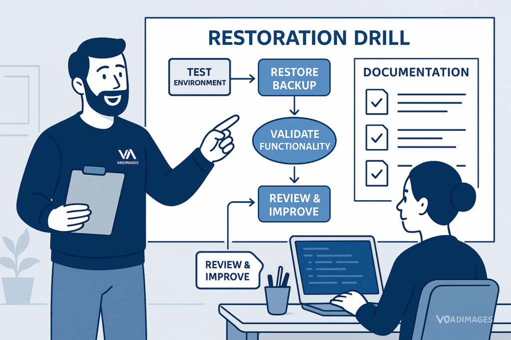 Vadimages specialist leading a restoration drill, with step-by-step flowchart and visible documentation guides.