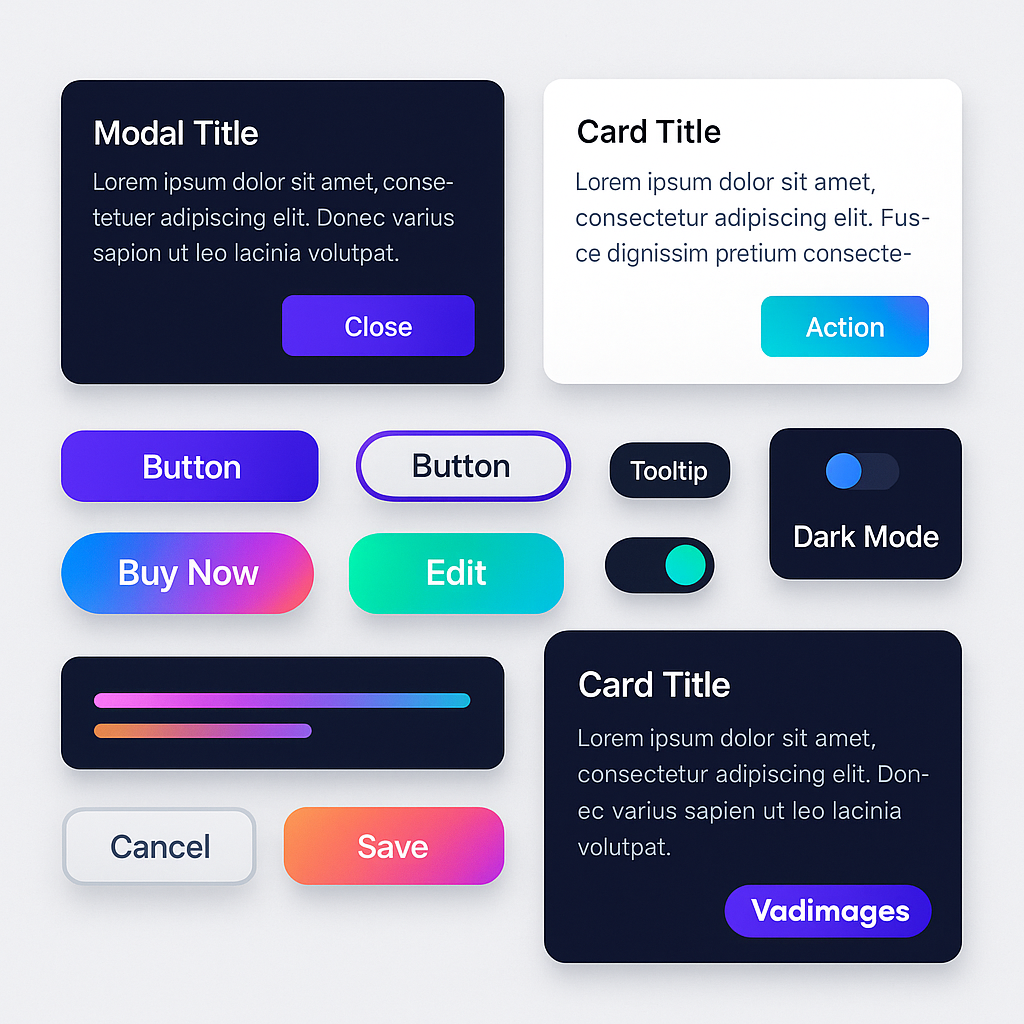 Collage of UI elements—buttons, modals, tooltips, and cards—all showcasing Tailwind 4.1’s color, shadow, and state features, including dark/light variants