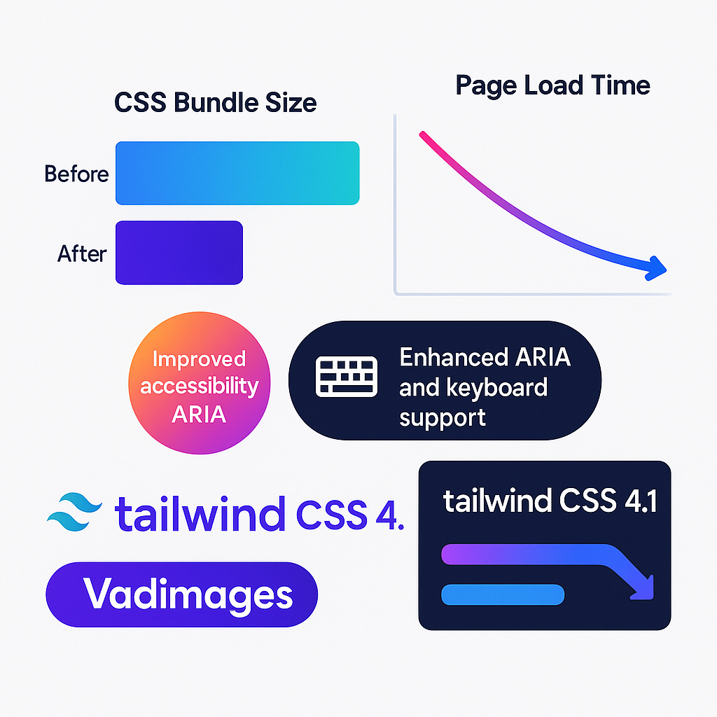 Diagram comparing CSS bundle sizes and page load times before and after adopting Tailwind 4.1, with callouts for accessibility enhancements and ARIA roles
