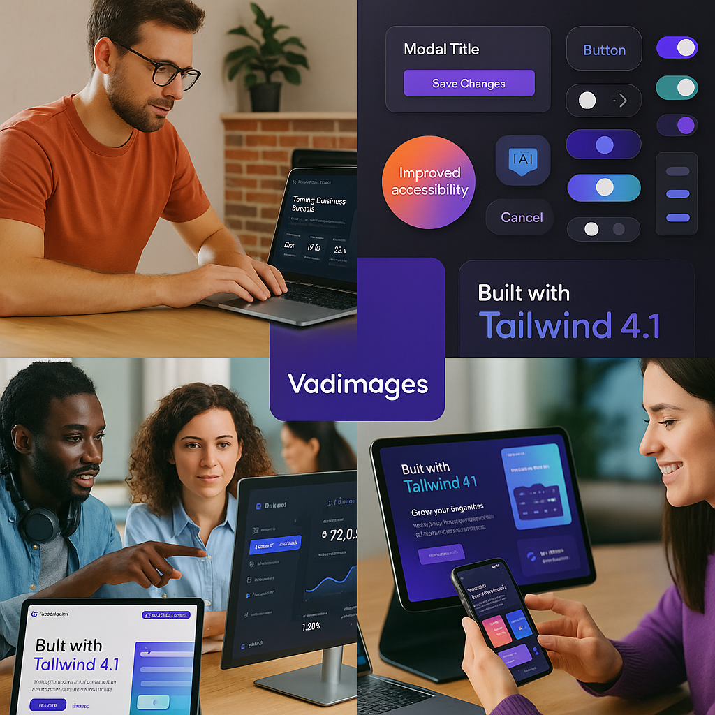 Vadimages brand showcase—a montage of client websites, UI kits, and collaborative design sessions, all tagged with “Built with Tailwind 4.1” and team members at work