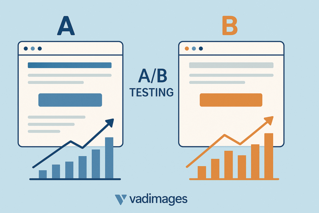 Illustration of two nearly identical landing pages with highlighted differences, showing a typical A/B test scenario with conversion graphs emerging from each