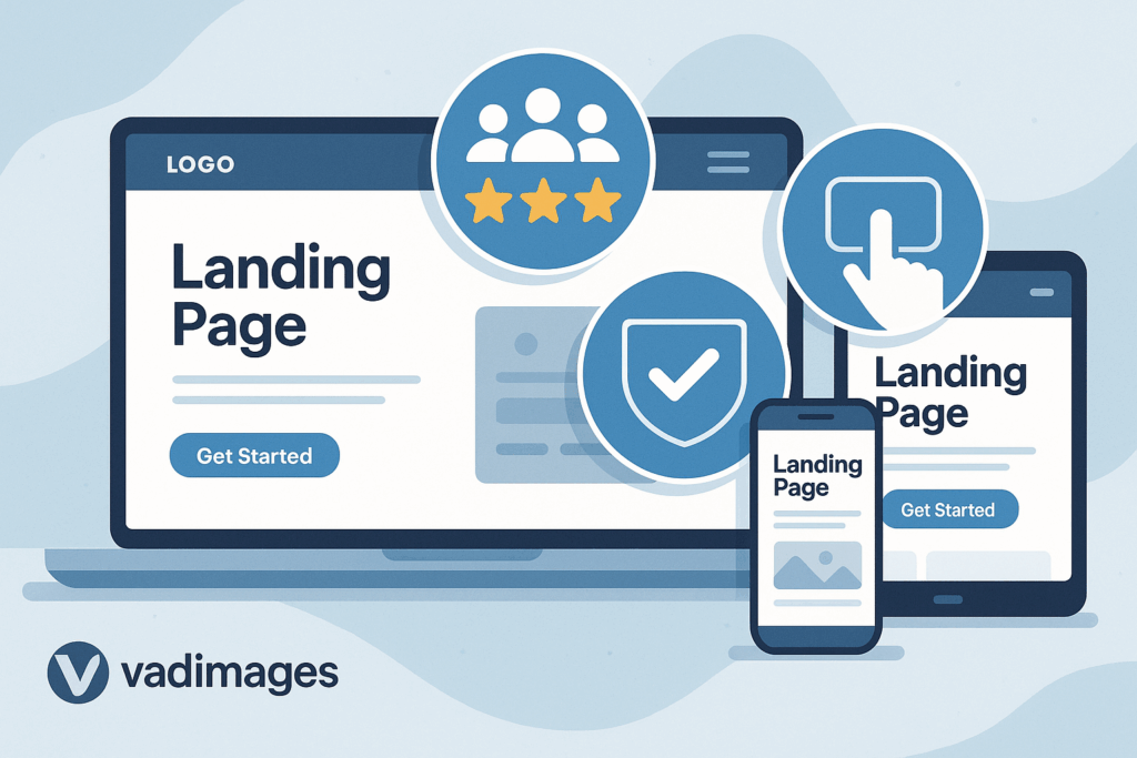 Wide hero image showing a modern landing page on various devices, overlaid with icons representing trust (shield), social proof (stars, user avatars), and action (finger pressing a button), all with Vadimages logo watermark.