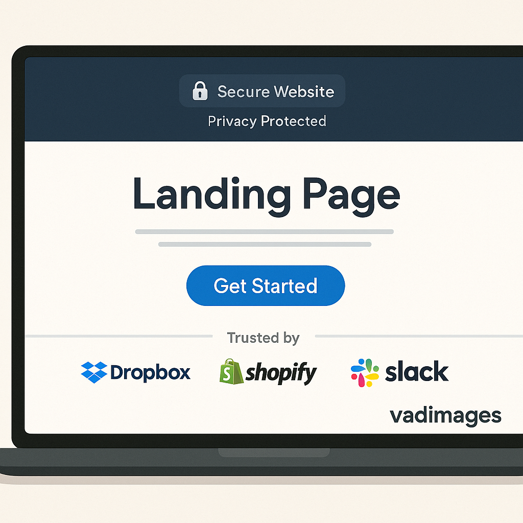 Close-up visual of trust signals—SSL badges, privacy notices, and recognizable client logos—integrated tastefully into a landing page design.