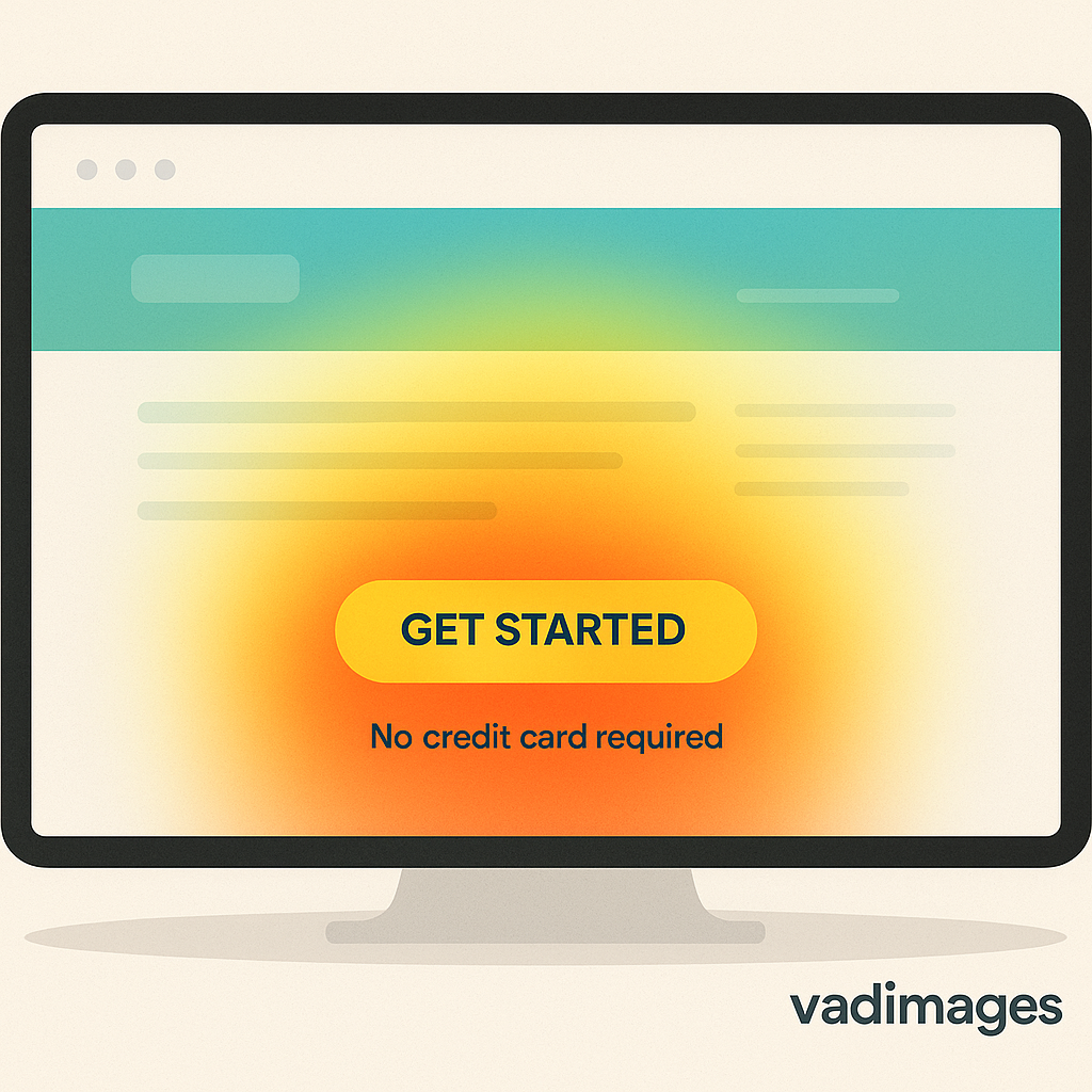Illustration showing a landing page heatmap, with the highest activity around a brightly colored CTA button and concise benefit-driven microcopy