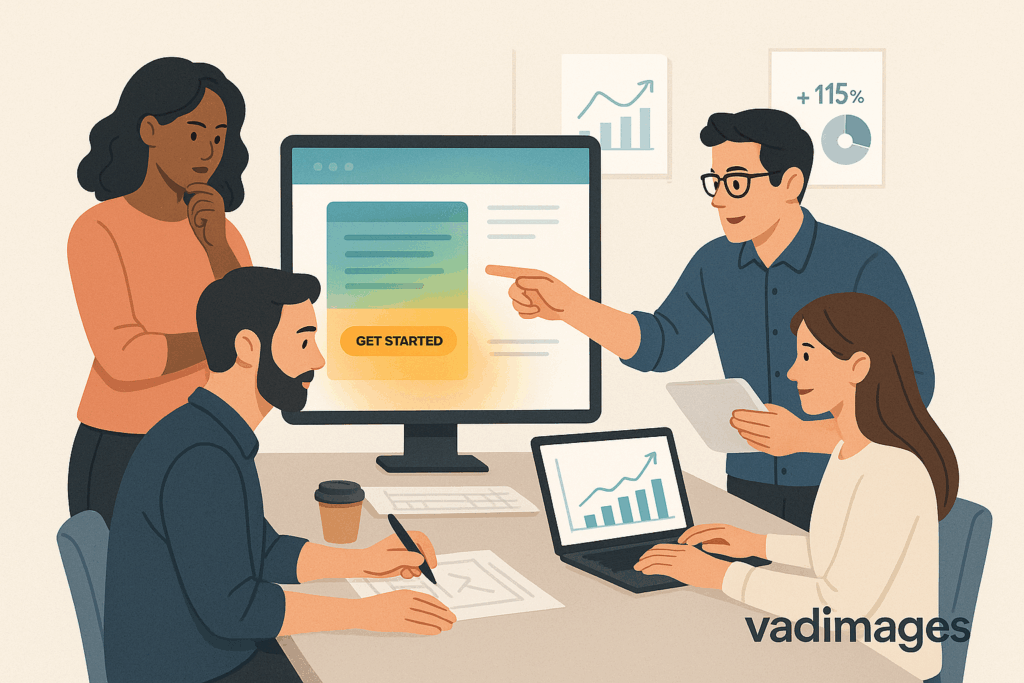 Brand showcase image of the Vadimages team collaborating over landing page wireframes and analytics dashboards, with conversion metrics and positive feedback visualized