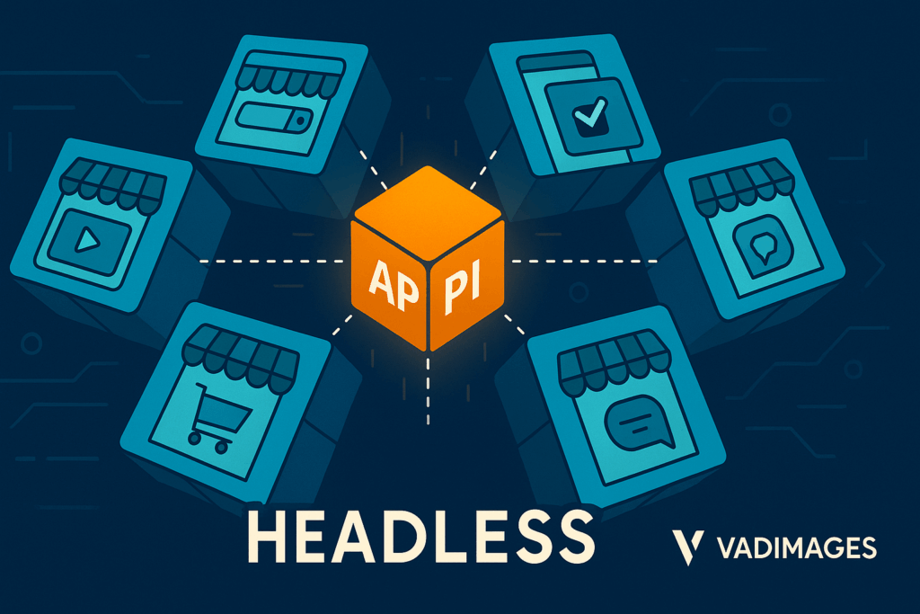 Wide-format hero image—series of storefront tiles swiveling like Rubik’s-cube faces around a glowing API core labeled “Headless”, Vadimages logo lower right
