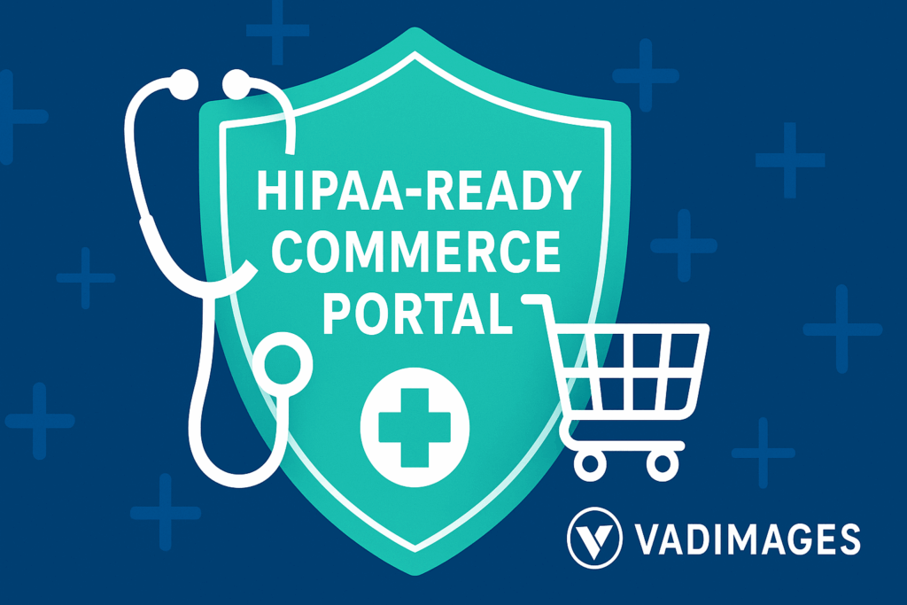 Security shield overlaying a stethoscope and a shopping cart, captioned “HIPAA-Ready Commerce Portal”, Vadimages branding