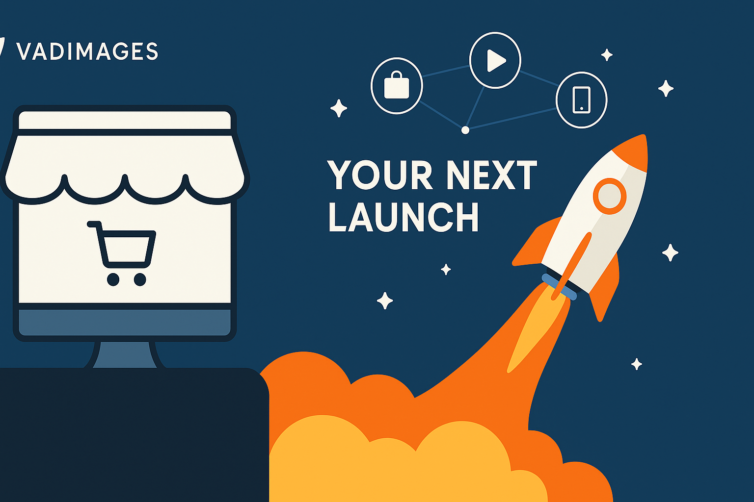 Call-to-action banner—rocket ship blasting off from a monolithic storefront toward a constellation of sales-channel icons labelled “Your Next Launch”, Vadimages logo top-left