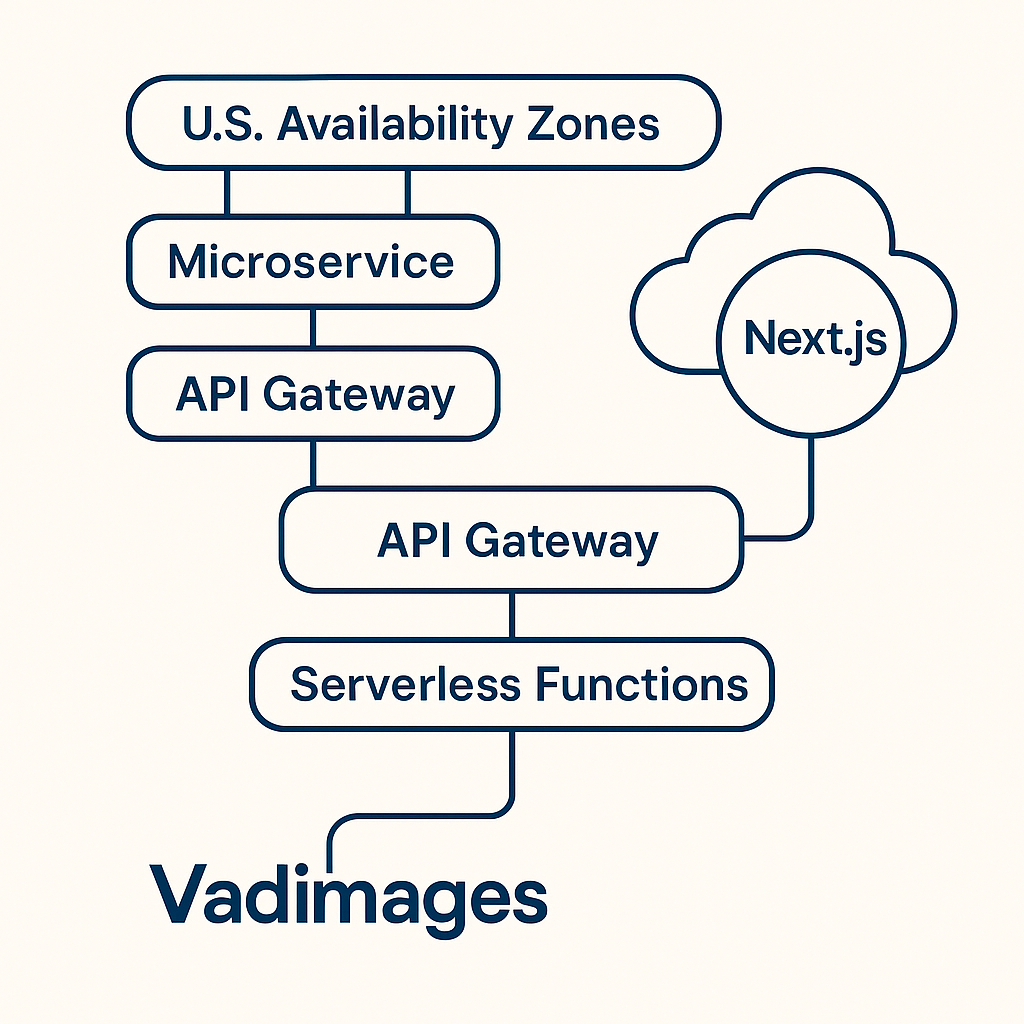 High‑level cloud diagram showing microservices, serverless functions, and a Next.js frontend deployed across U.S. availability zones with Vadimages branding
