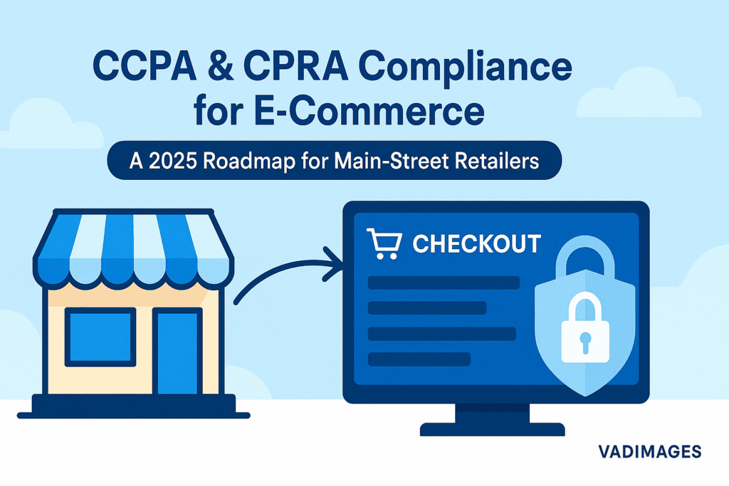 Wide‑format hero banner showing a small U.S. storefront morphing into a secure online checkout shielded by a translucent padlock, Vadimages watermark in the corner