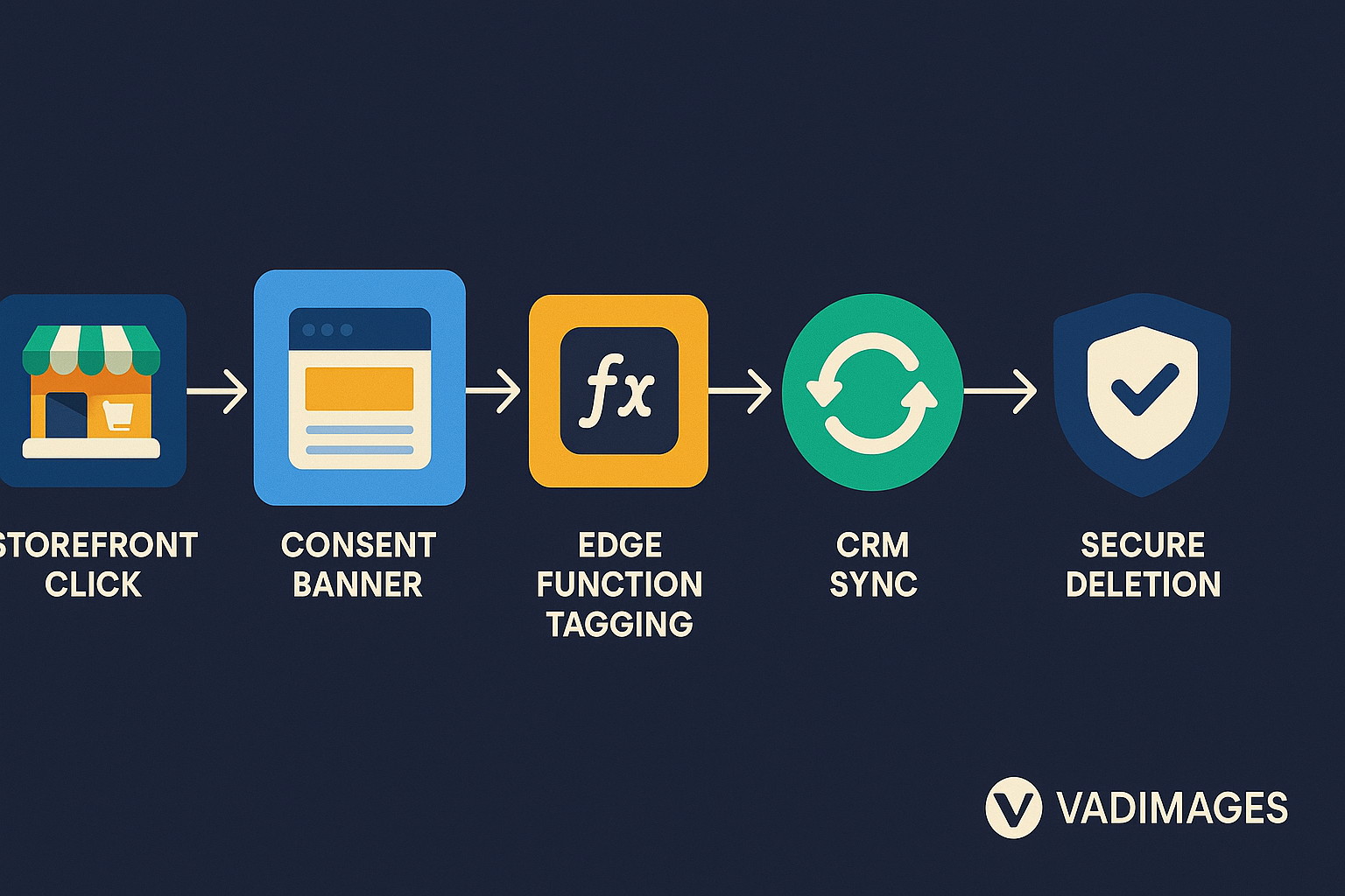 Data‑lifecycle flowchart showing storefront click → consent banner → edge function tagging → CRM sync → secure deletion, finished with a small Vadimages badge