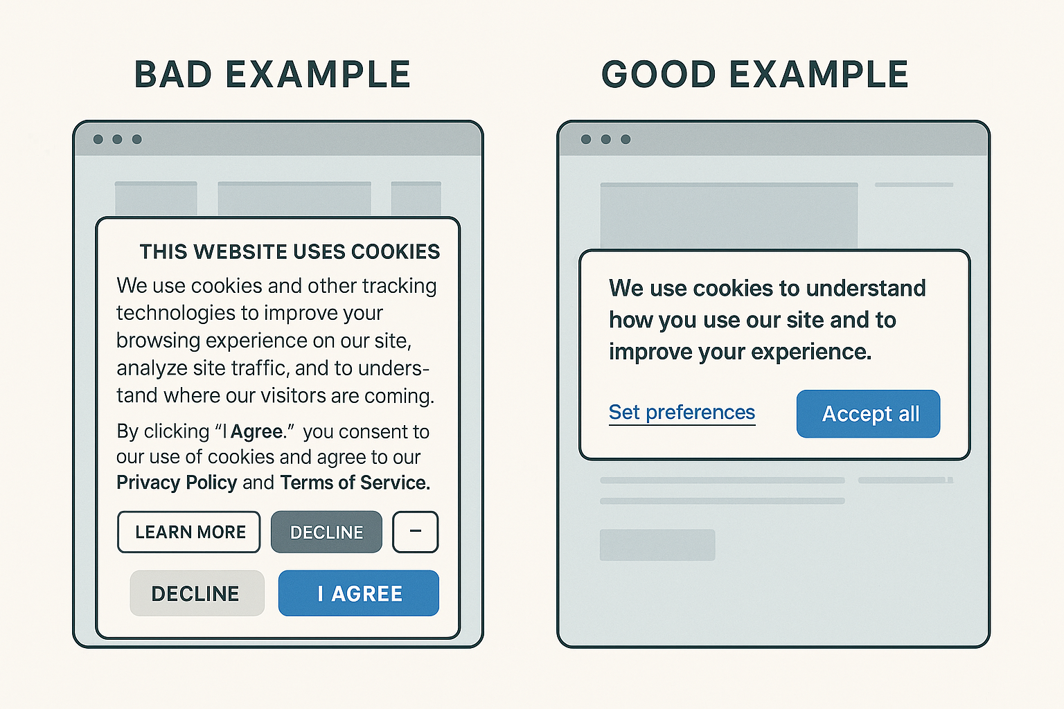 Split‑screen illustration showing a cluttered, non‑compliant banner on the left and a sleek, Vadimages‑styled banner on the right, highlighting improved readability and engagement.