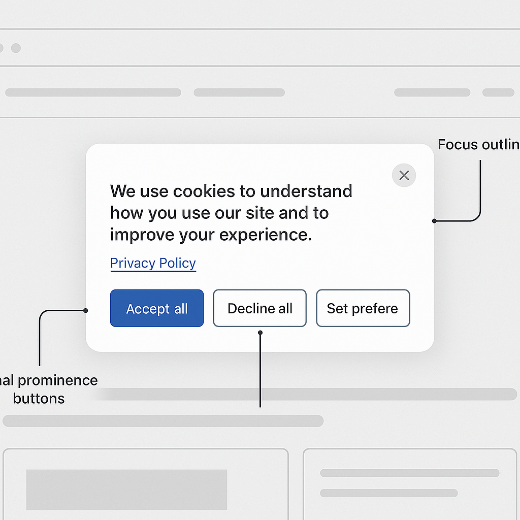Annotated wireframe of an accessible consent modal, showing equal prominence buttons, focus outline, and an unobtrusive close icon.