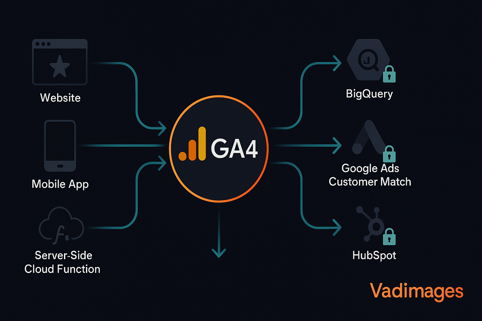 Flow diagram—central GA4 logo receiving event pipes from website, mobile app, and server-side Cloud Function; arrows feed BigQuery, Google Ads Customer Match, and HubSpot, all secured by lock icons; Vadimages branding, modern infographic style