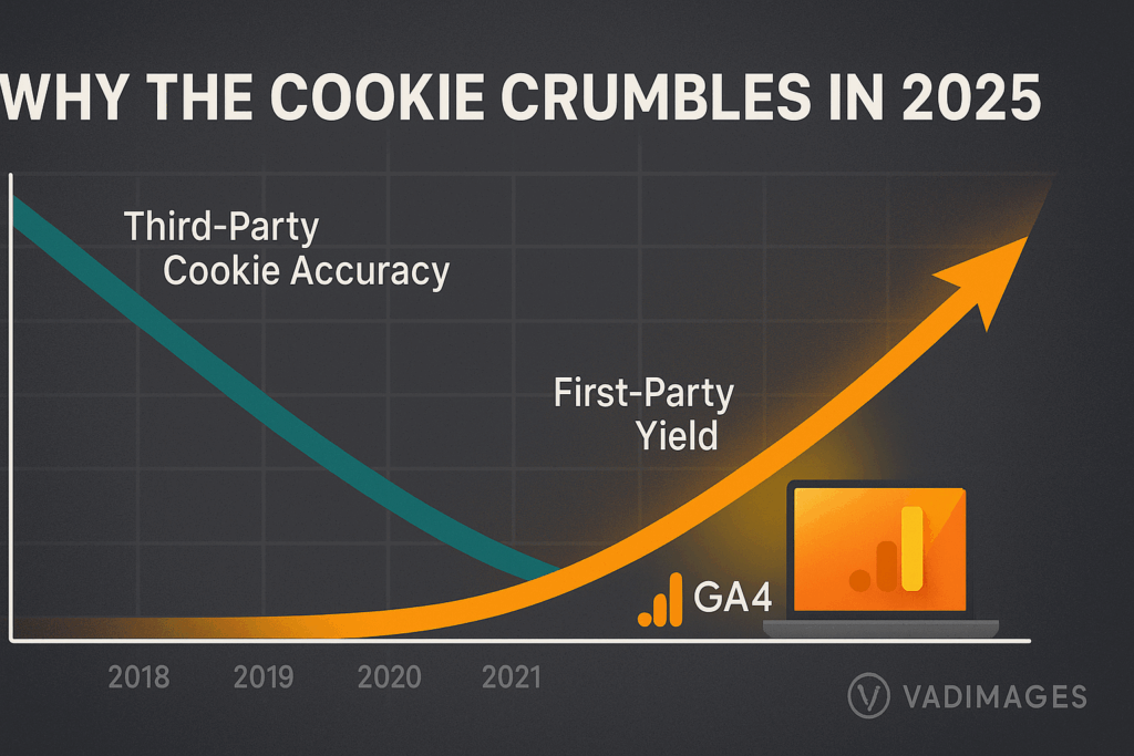 Infographic—split-panel timeline showing the decline of third-party cookie accuracy from 2018 to 2025 contrasted with a rising line labeled “First-Party Yield”, GA4 logo anchoring the upward curve, Vadimages badge in corner