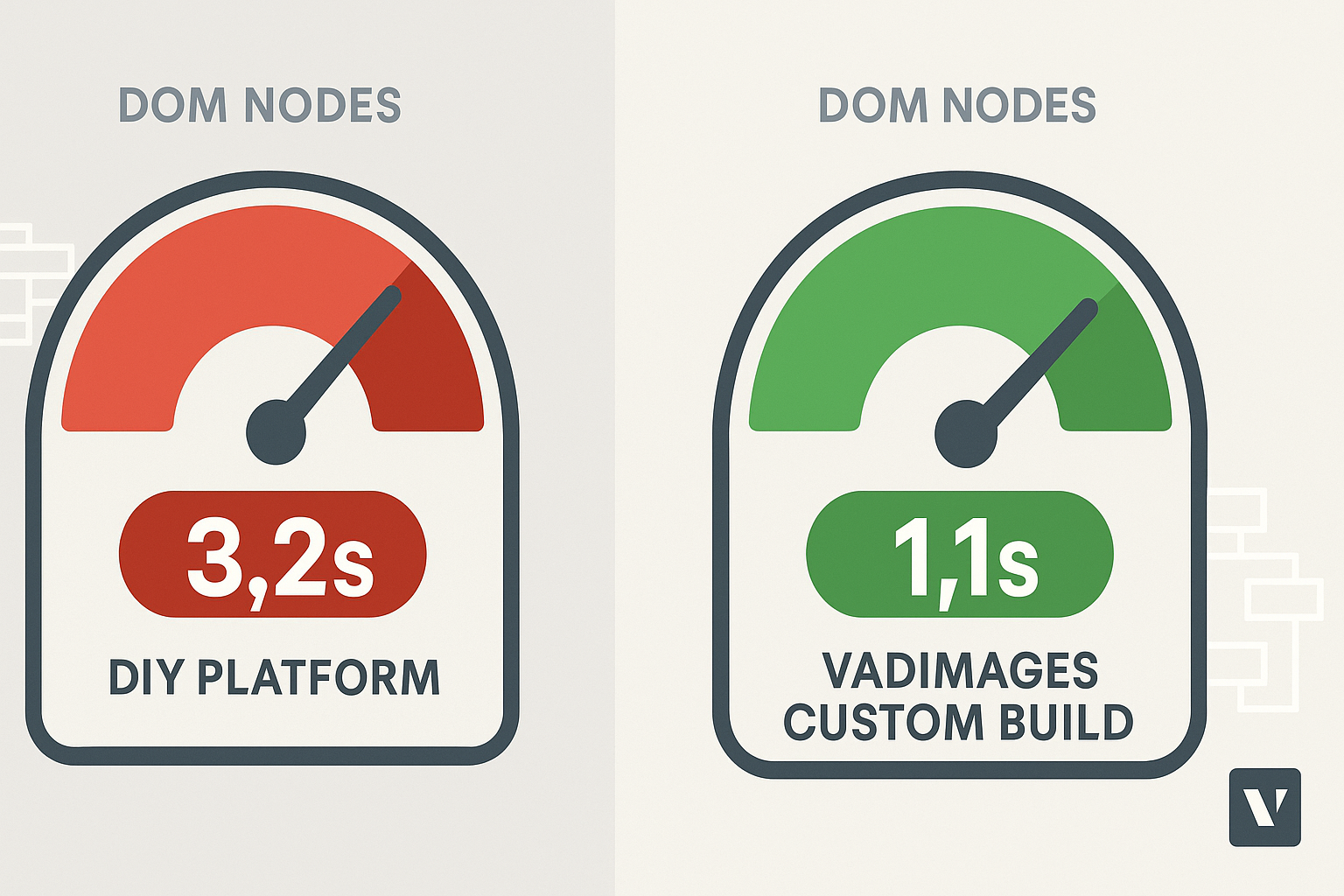Split-screen performance meter—left shows DIY platform dom-nodes and 3.2-second FCP in red, right shows Vadimages custom build at 1.1 seconds in green, Vadimages watermark bottom-right
