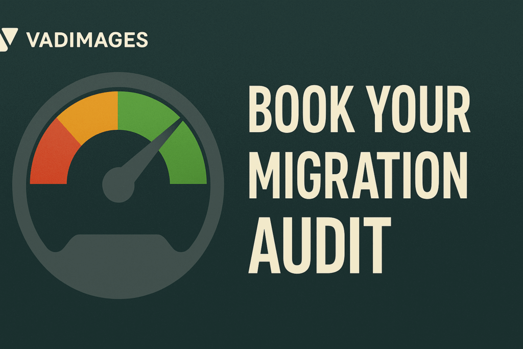 Call-to-action banner—speedometer needle buried in the green, label reads “Book Your Migration Audit,” Vadimages logo top-left, wide format 1920 × 1080