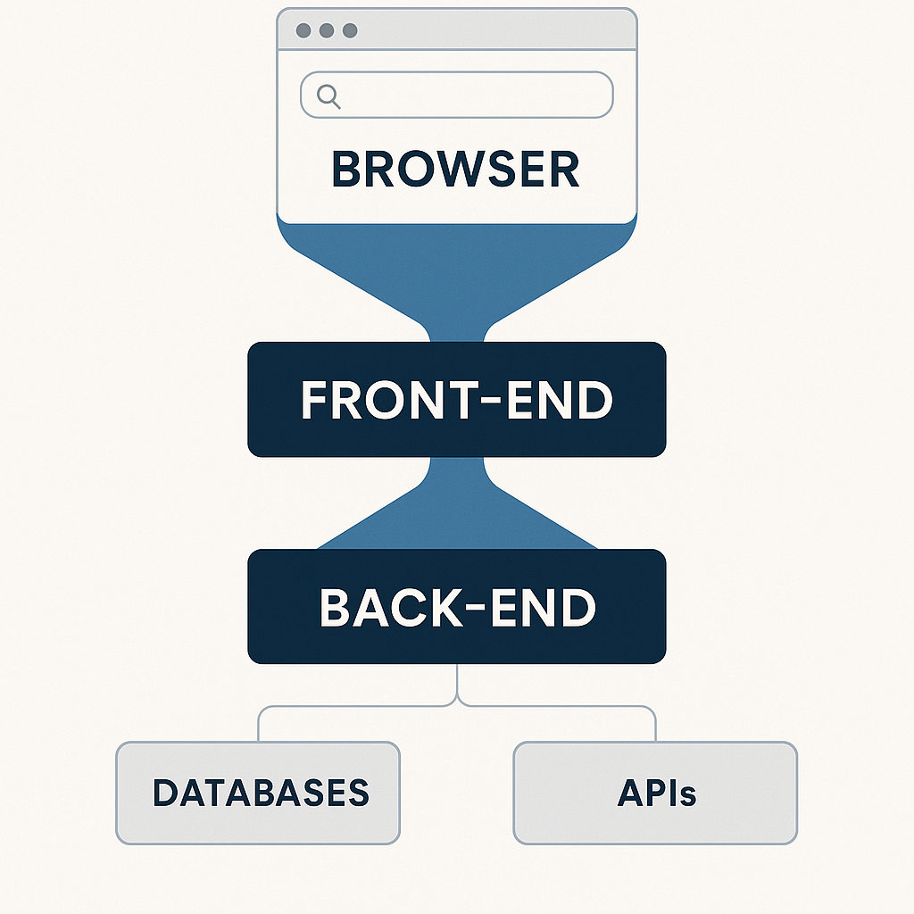 Wide hero illustration showing an hourglass‑shaped diagram—browser interfaces at the top funneling through front‑end frameworks into a back‑end core, then branching into databases and APIs.