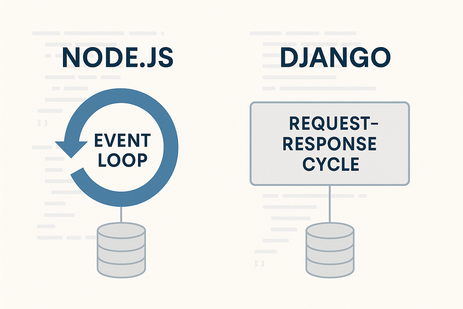 Server diagram comparing Node.js’s event loop and Django’s request–response cycle, each connected to a database icon, backgrounded by code snippets.