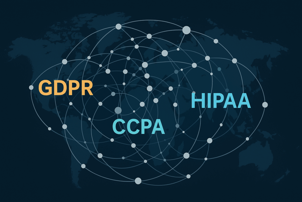 Abstract world map overlaid with GDPR, CCPA, HIPAA acronyms orbiting data nodes, hinting at a tangled yet connected regulatory web
