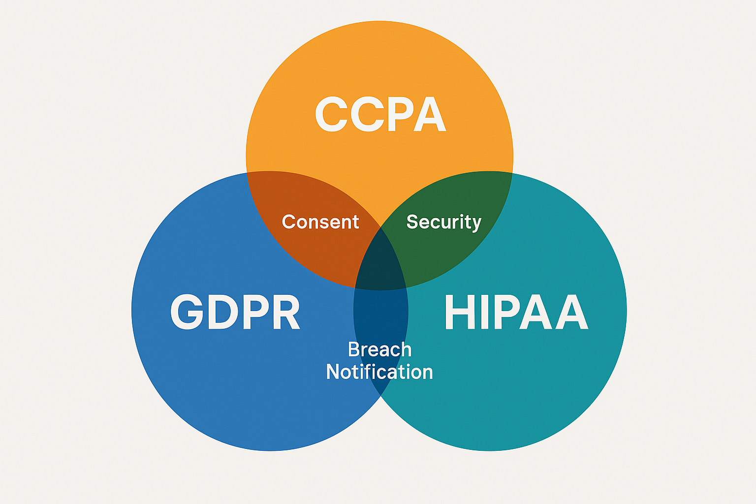 Layered diagram showing overlapping circles labeled Consent, Transparency, Security, Breach Notification, each colored to match GDPR, CCPA, HIPAA areas of intersection