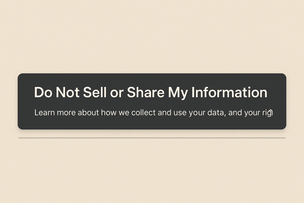 Mock web page footer displaying “Do Not Sell or Share My Information” alongside a brief notice, illustrating compliant UX design