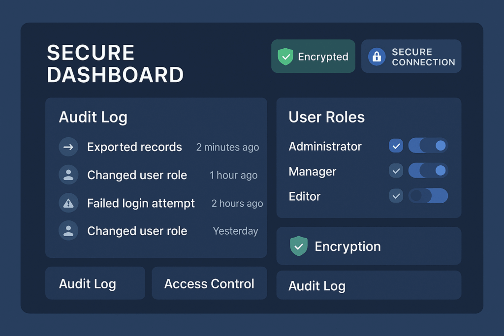 Secure dashboard screenshot mock‑up highlighting audit log entries, user‑role matrices, and encryption status badges