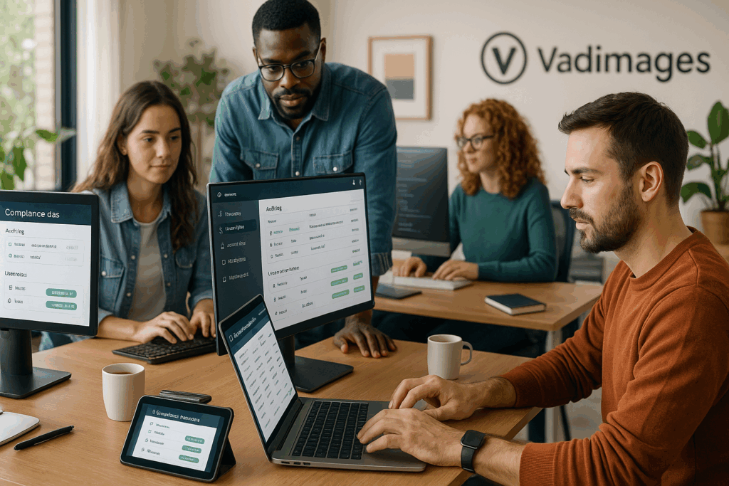 Photo‑realistic collage of Vadimages developers configuring compliance dashboards on multiple devices in a bright, modern studio, brand logo visible