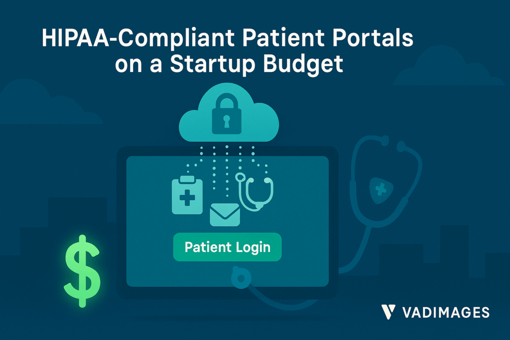 Wide-format hero image—cloud-shaped padlock hovering over a tablet that streams protected-health-information icons toward a “Patient Login” button, glowing green dollar sign below, Vadimages logo lower right, modern infographic style, 1920 × 1080