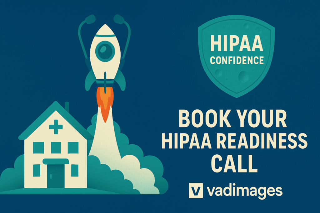 Call-to-action banner—stethoscope shaped like a rocket blasting off from a small clinic roof toward a shield-shaped moon labeled “HIPAA Confidence,” caption “Book Your HIPAA Readiness Call,” Vadimages logo top-left, 1920 × 1080